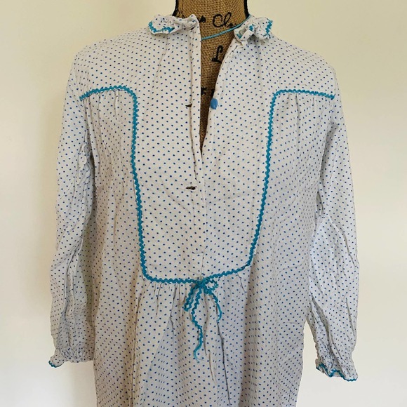 Handmade Cotton Flannel Blue White Lace Trim Pajama Nightgown Size Small Medium - Picture 2 of 6